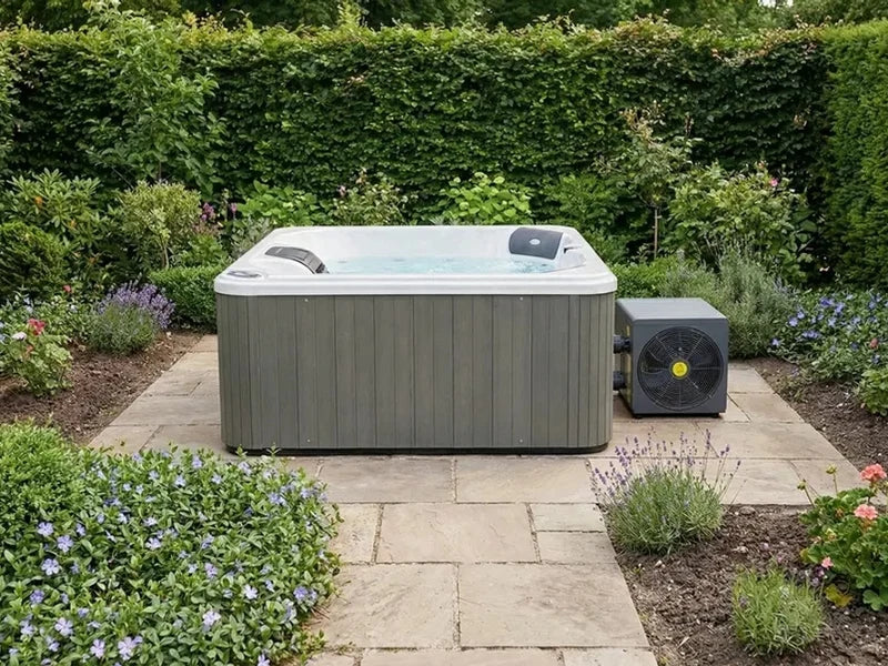 W'eau Hybride spa warmtepomp naast een jacuzzi in de tuin